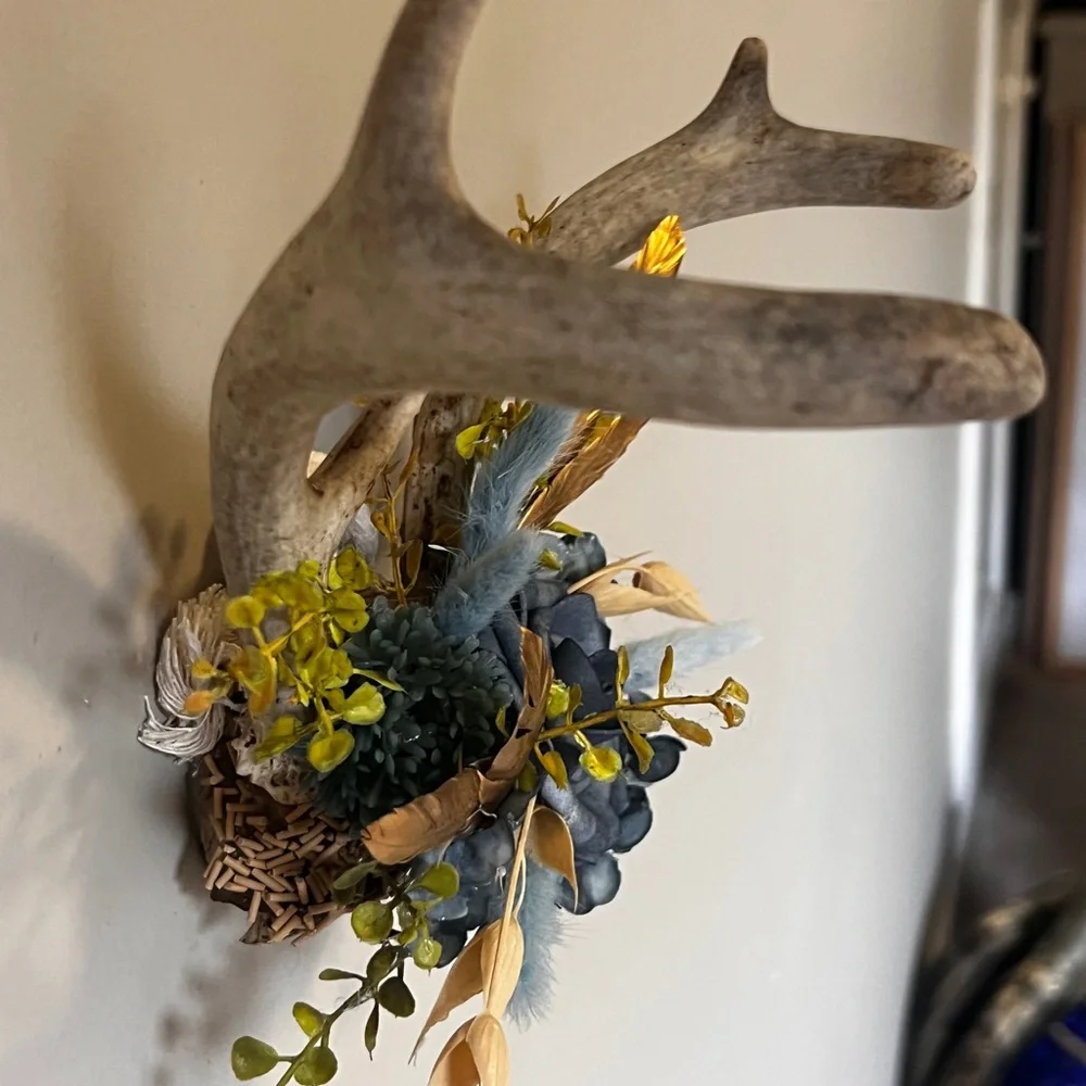Handmade Antler Wall Decor Blue Floral Rustic Cottage Western Boho the farmhouse